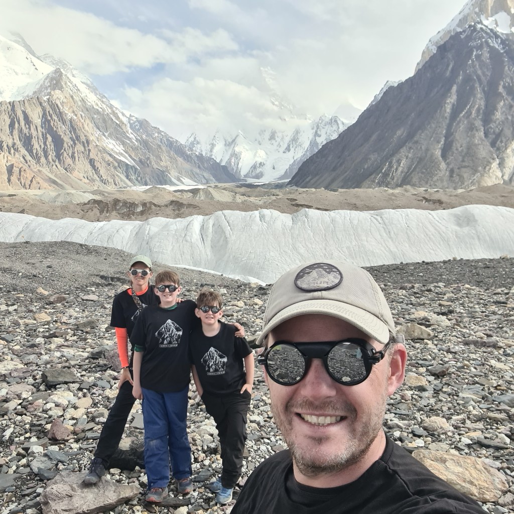 Our family at K2 wearing their sunglasses to protect against the strong sun and snow blindness.